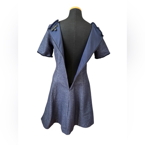 Banana Republic Navy Blue Textured Frayed Trim Fit & Flare Dress Sz 6 - Picture 4 of 11